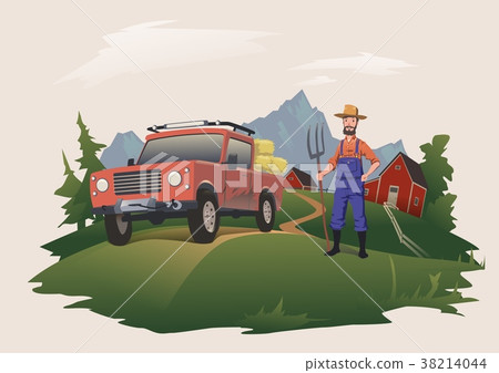 Harvesting or buying hay. Man standing next to a Harvesting or buying hay. Man standing next to a 38214044