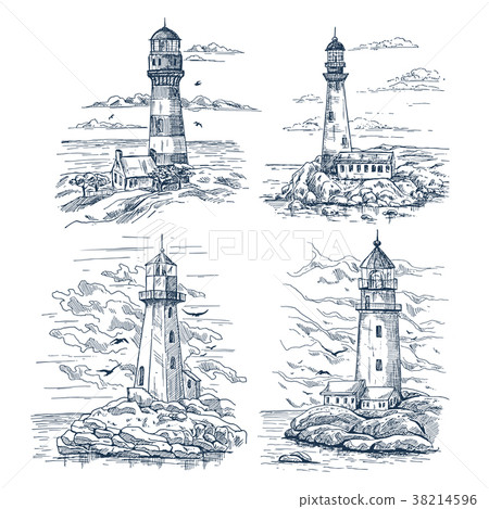 Sketches with lighthouse on island at sea or ocean Sketches with lighthouse on island at sea or ocean 38214596
