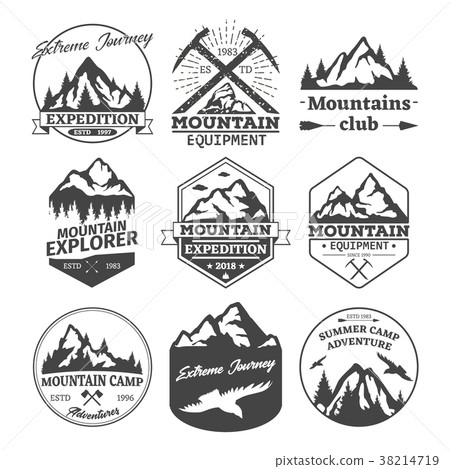 Landscape icons of mountains or hills badges 38214719