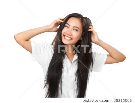 Cheerful young smiling Asian woman with bright smile isolated 38215006