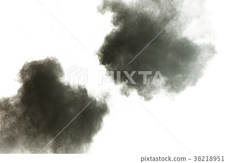 Black powder explosion against white background. 38218951