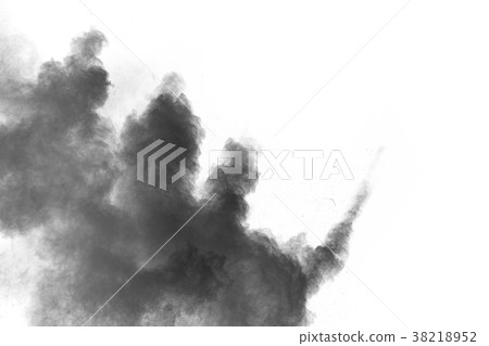 Black powder explosion against white background. 38218952