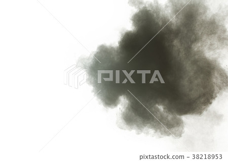 Black powder explosion against white background. 38218953