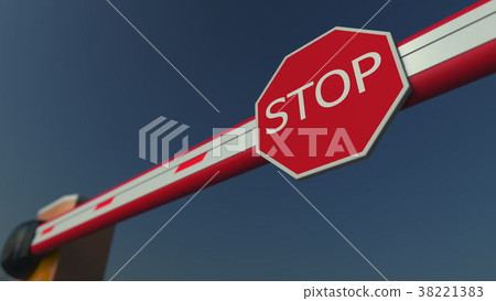 Closed barrier gate with STOP sign. Restriction or 38221383