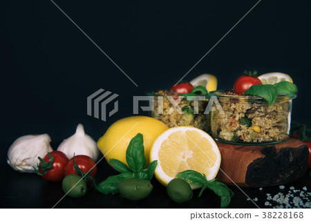 Vegan salad of vegetables, mushrooms and quinoa. 38228168