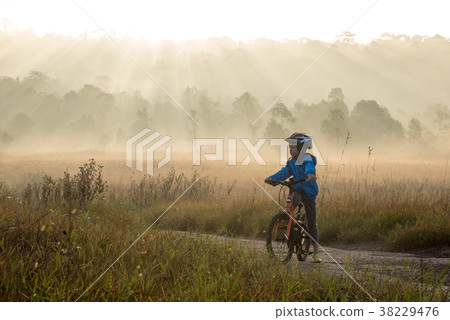 Boy rides a bicycle in the sunrise Boy rides a bicycle in the sunrise 38229476