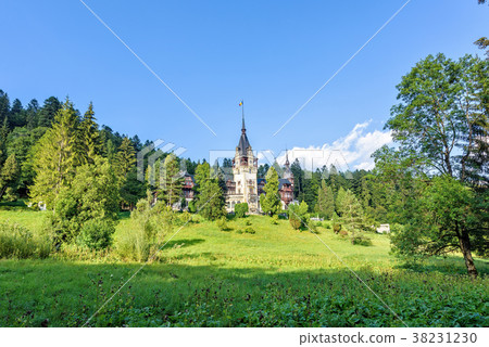 Daylight side far view to Peles castle front Daylight side far view to Peles castle front 38231230