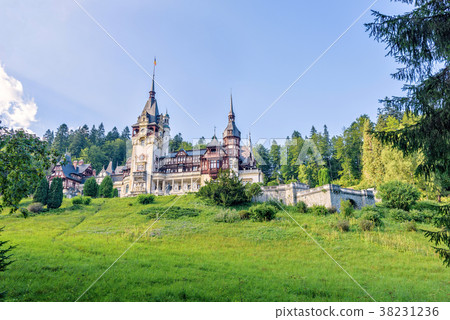Daylight side far view to Peles castle front Daylight side far view to Peles castle front 38231236