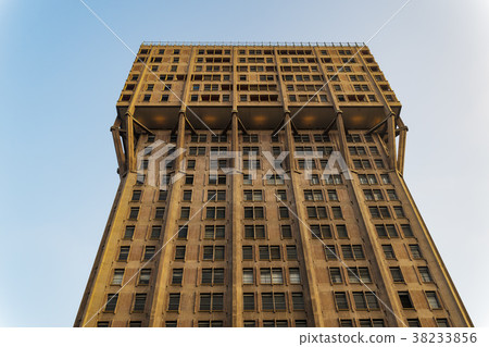 Milan Torre Velasca skyscraper low angle view. Milan Torre Velasca skyscraper low angle view. 38233856