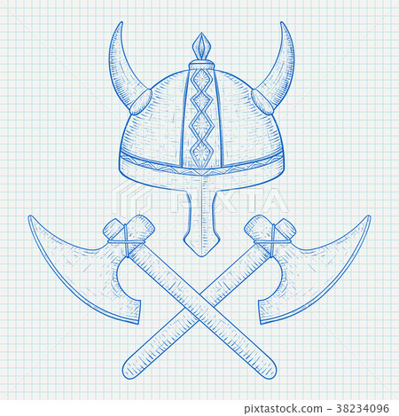 Viking axes and horned helmet. Hand drawn sketch Viking axes and horned helmet. Hand drawn sketch 38234096