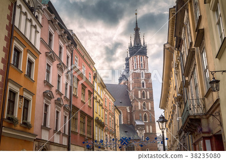 Krakow, street with Saint Mary's Basilica. Krakow, street with Saint Mary's Basilica. 38235080