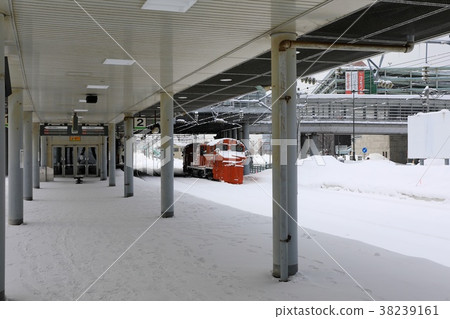 Otaru Tsukiko Station yard and snowfall train 38239161