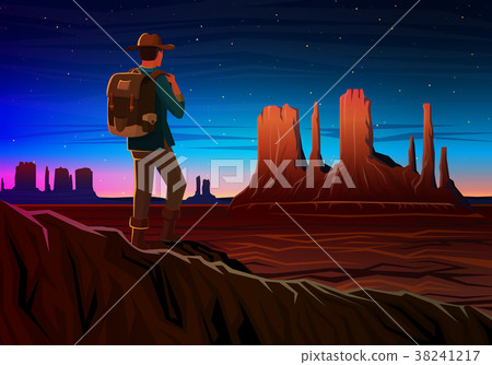 Mountain And Monument Valley With Tourist Night 插圖素材 圖庫