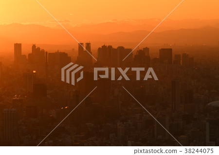 東京都市風景/晚上場面在日本,新宿的高層建築物弄髒了桔子 東京都市風景/晚上場面在日本,新宿的高層建築物弄髒了桔子 38244075