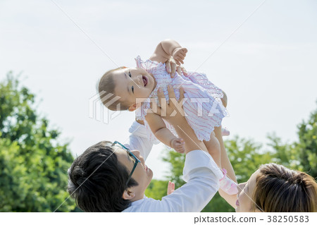 Three-person family playing in the park 38250583