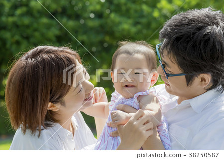 Three-person family playing in the park 38250587