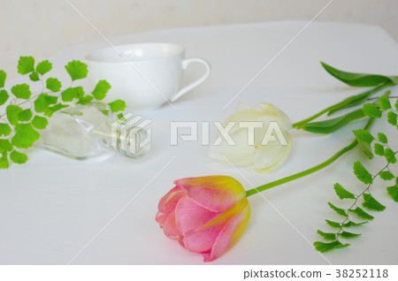 Pink and white tulips on the table 38252118