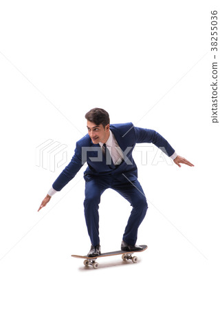 Businessman riding skateboard isolated on white Businessman riding skateboard isolated on white 38255036
