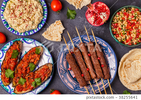 Classic kebabs, tabbouleh, baba ganush, eggplant 38255641