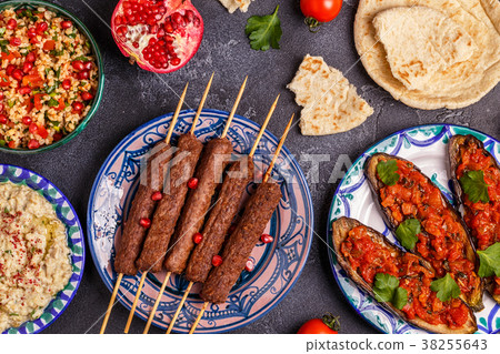 Classic kebabs, tabbouleh, baba ganush, eggplant 38255643