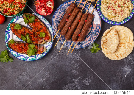 Classic kebabs, tabbouleh, baba ganush, eggplant 38255645
