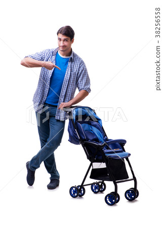 Young dad with baby pram isolated on white 38256558