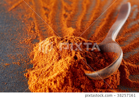 Texture background. Red chilli pepper powder mixed Texture background. Red chilli pepper powder mixed 38257161