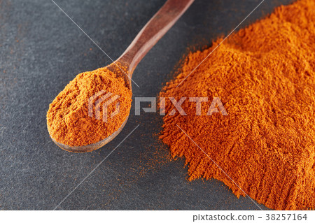 Texture background. Red chilli pepper powder mixed 38257164