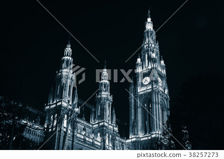 Town Hall facade at night, Vienna 38257273