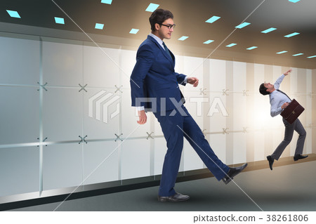 Bad angry boss kicking employee in business Bad angry boss kicking employee in business 38261806