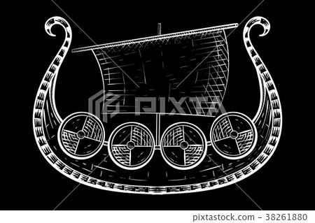 Viking ship. Hand drawn sketch on black background Viking ship. Hand drawn sketch on black background 38261880