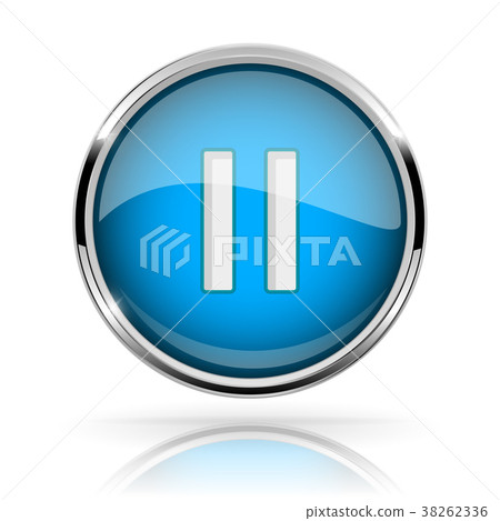 Blue round media button. PAUSE button. Shiny icon 38262336