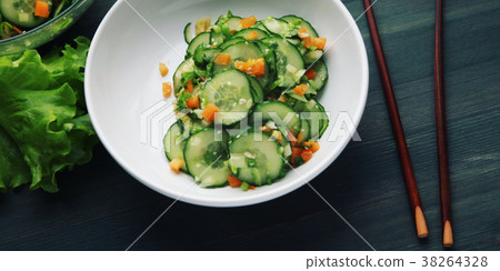 Asian cucumber salad on the white plate Wide photo Asian cucumber salad on the white plate Wide photo 38264328