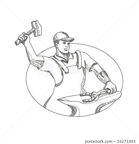 Farrier Wielding Hammer Oval Doodle Art Farrier Wielding Hammer Oval Doodle Art 38271893