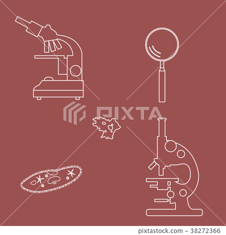 Stylized icons of microscopes, magnifier, amoeba, Stylized icons of microscopes, magnifier, amoeba, 38272366