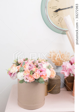 beautiful luxury bouquet of mixed flowers in kraft 38272963