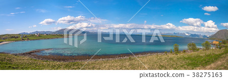 fjord, snow mountains and house, Norway, Lofoten fjord, snow mountains and house, Norway, Lofoten 38275163