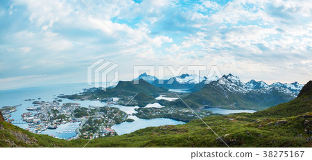 Sunset aerial panoramic view on Svolvaer Lofoten Sunset aerial panoramic view on Svolvaer Lofoten 38275167