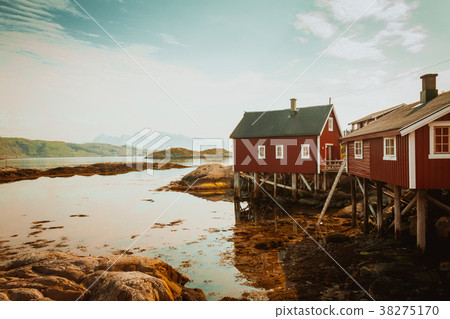 Typical red rorbu fishing hut in town of Svolvaer Typical red rorbu fishing hut in town of Svolvaer 38275170