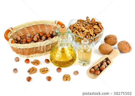 Oil of walnut and hazelnut, nut fruit isolated  38275502