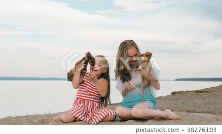 Two children playing which dogs on the sand on the Two children playing which dogs on the sand on the 38276103