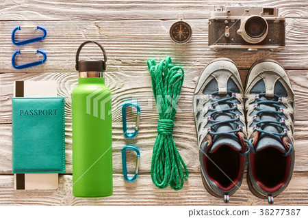 Travel items for hiking flat lay 38277387