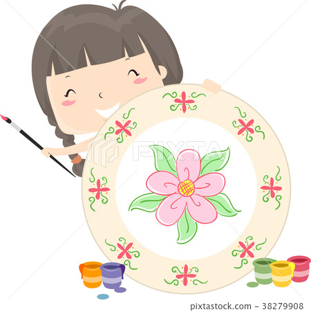 Kid Girl Plate Painting Illustration 38279908