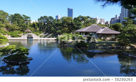 日本庭院池塘和石橋樑 38280263