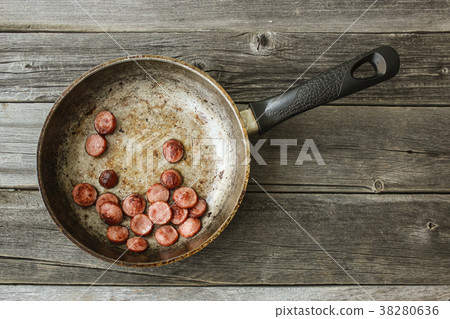 Fried sausages in a frying pan Fried sausages in a frying pan 38280636