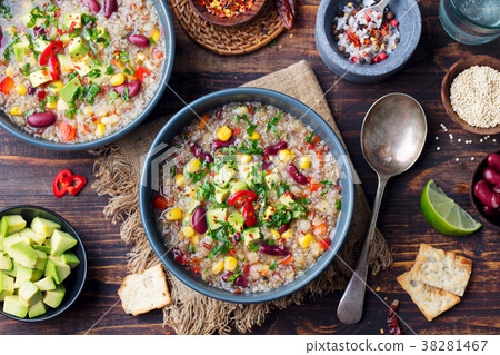 Vegetable quinoa soup. Avocado, corn, beans. 38281467