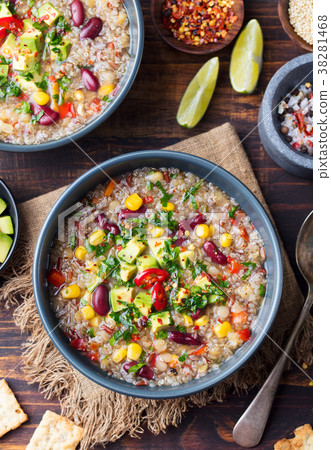 Vegetable quinoa soup. Avocado, corn, beans. 38281468