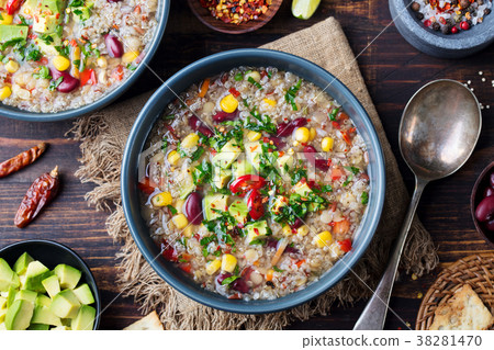 Vegetable quinoa soup with avocado, corn, beans. 38281470