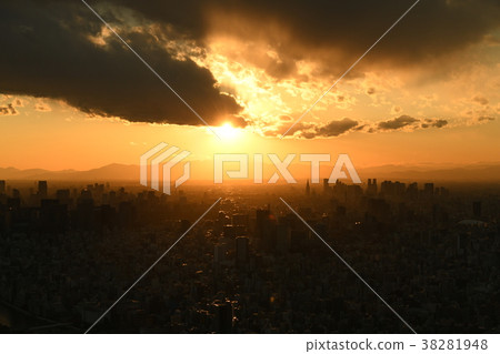 Tokyo cityscape / sunset view (sky group of Mt. Fuji and Shibuya and Shinjuku etc.), Tokyo Dome on the right Tokyo cityscape / sunset view (sky group of Mt. Fuji and Shibuya and Shinjuku etc.), Tokyo Dome on the right 38281948