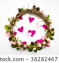 Festive wreath with roses, paper hearts. Flat lay 38282467